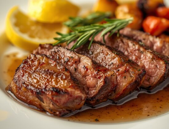 Succulent lamb breast plate, cooked to perfection and served on a rustic dish, highlighting tender meat and rich flavors.